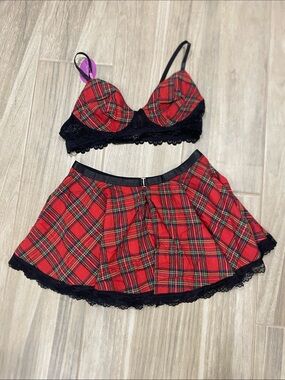 Red Plaid Lace Trim Two-Piece Set